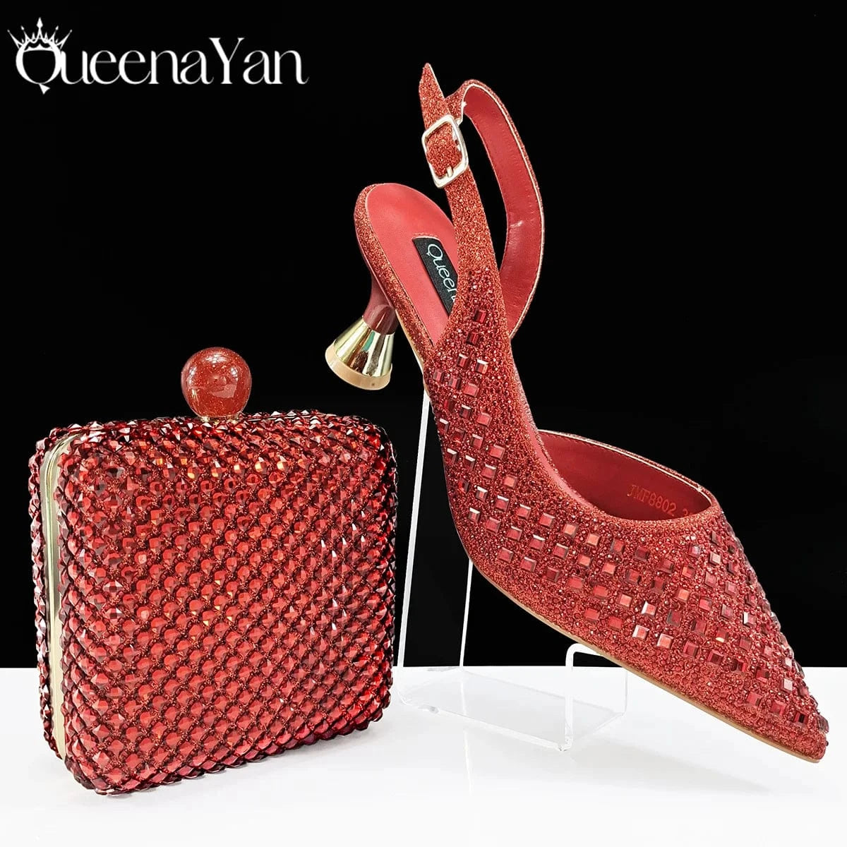 Wine / 38 / CHINA Queena Yan Italian Design Rhinestone Luxury Green Colour Pointed Toe Shoe & Bag Set Women's High Heels for Parties High Quality
