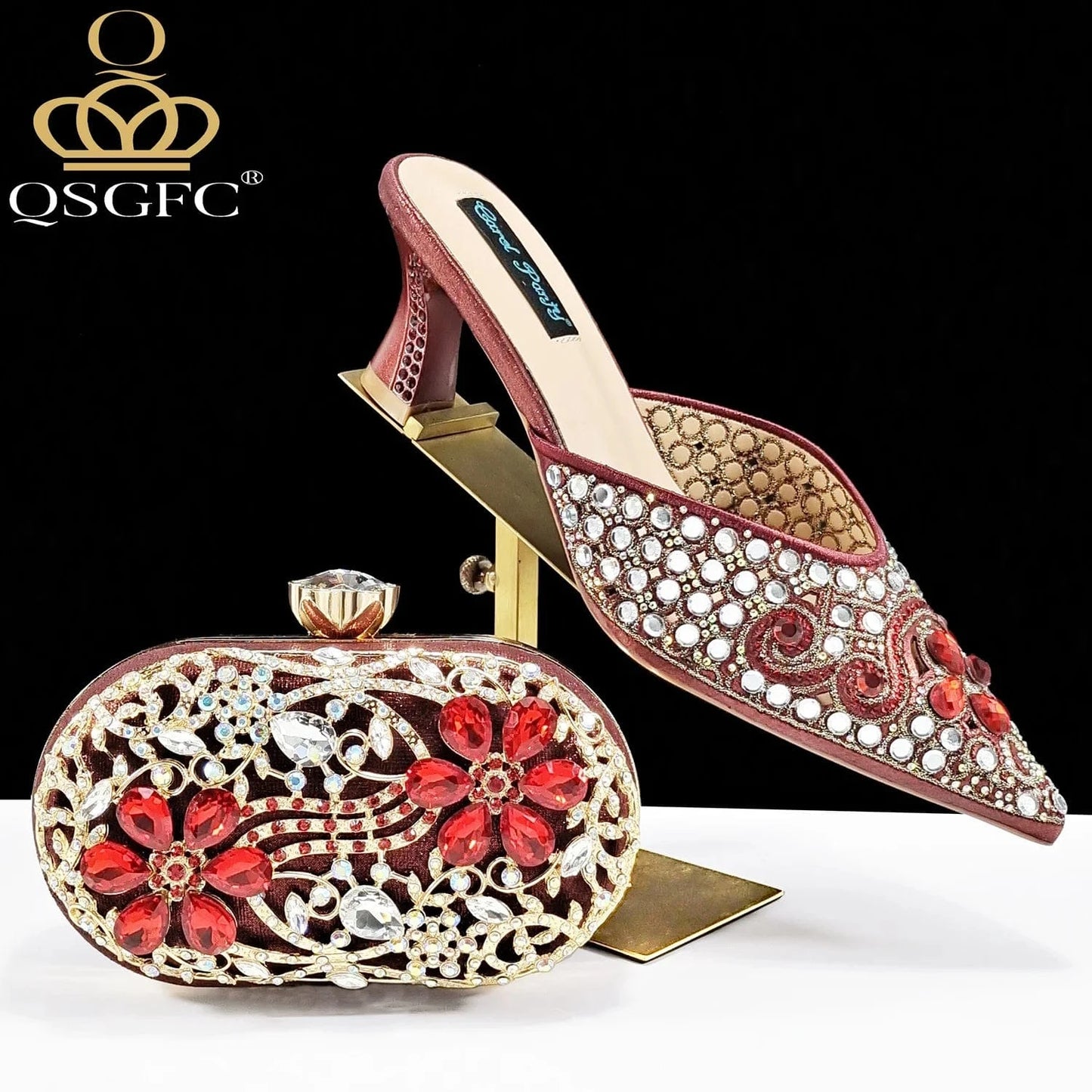 WINE / 43 / CHINA QSGFC New Design Specials Italian Women Heels Shoes and Bag in Pink Color Comfortable Heels With Rhinestone for Part