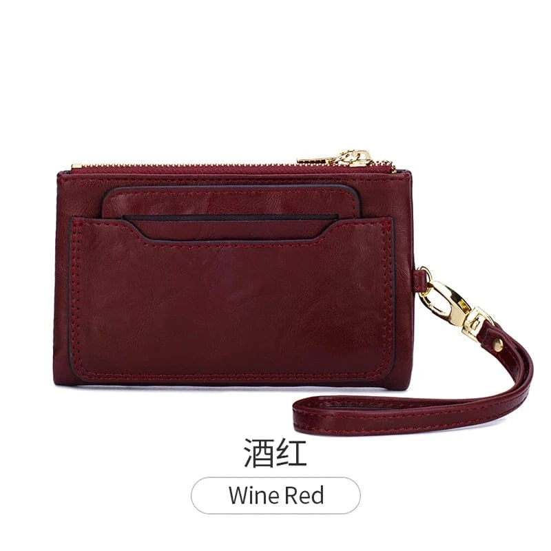 Wine Red 2024 New Women's Wallet Medium Retro Style Zipper Folding Multi Card Large Capacity Handbag Wallet Clip Wrist Strap
