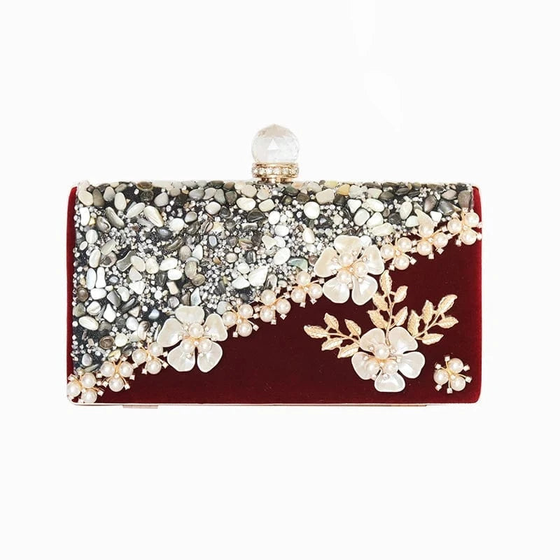Wine red Factory direct wholesale pretty floriation Velour wedding bag party prom ladies gem clutch bag with good quality