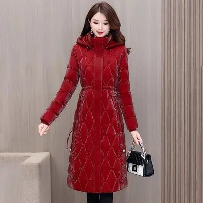 Winter Coat Detachable Hat Shiny Polyester Fabric Elegant Slim Long Style Warm Quilted Mid Length - SN Wigs & More