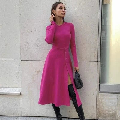 Winter Dress Ladies Office Elastic Casual Midi Dress Sexy Slit Women Knitted Cotton Dress