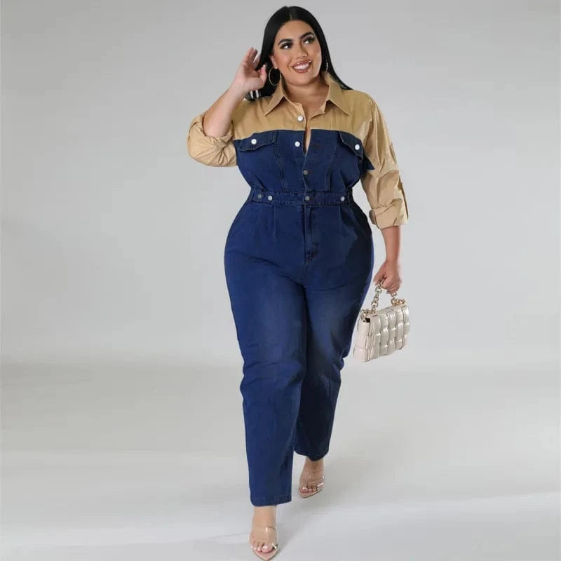 winter fall formal v-neck blue oversized pants workout causal loose plus size denim rompers and jumpsuits for fat women