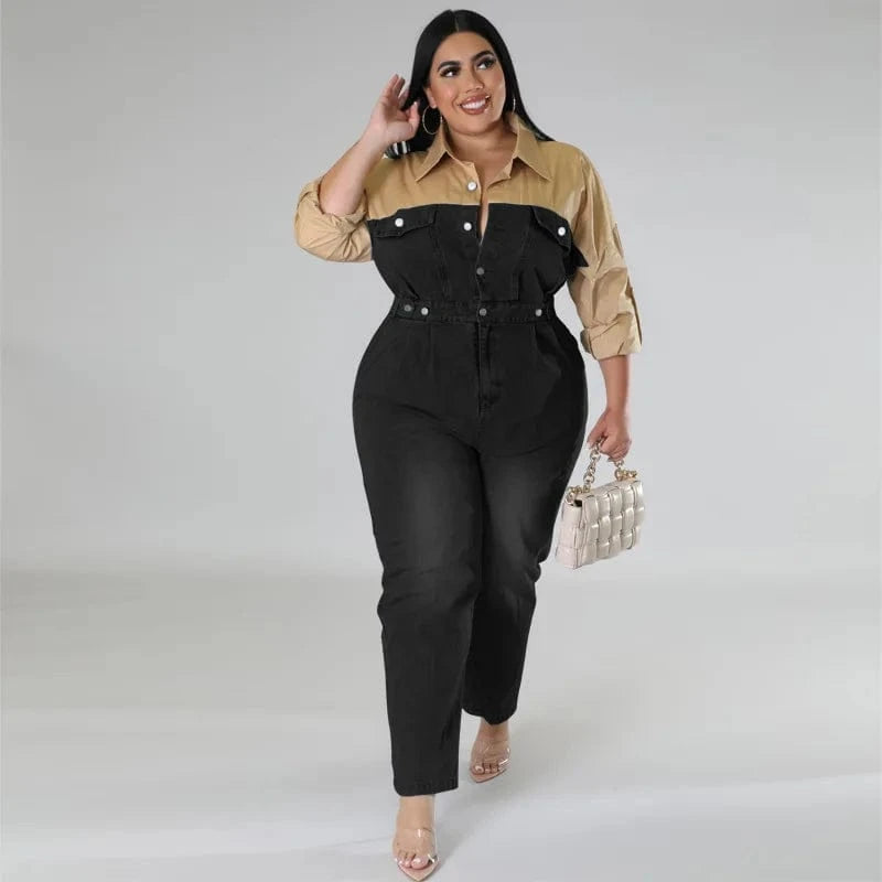 winter fall formal v-neck blue oversized pants workout causal loose plus size denim rompers and jumpsuits for fat women