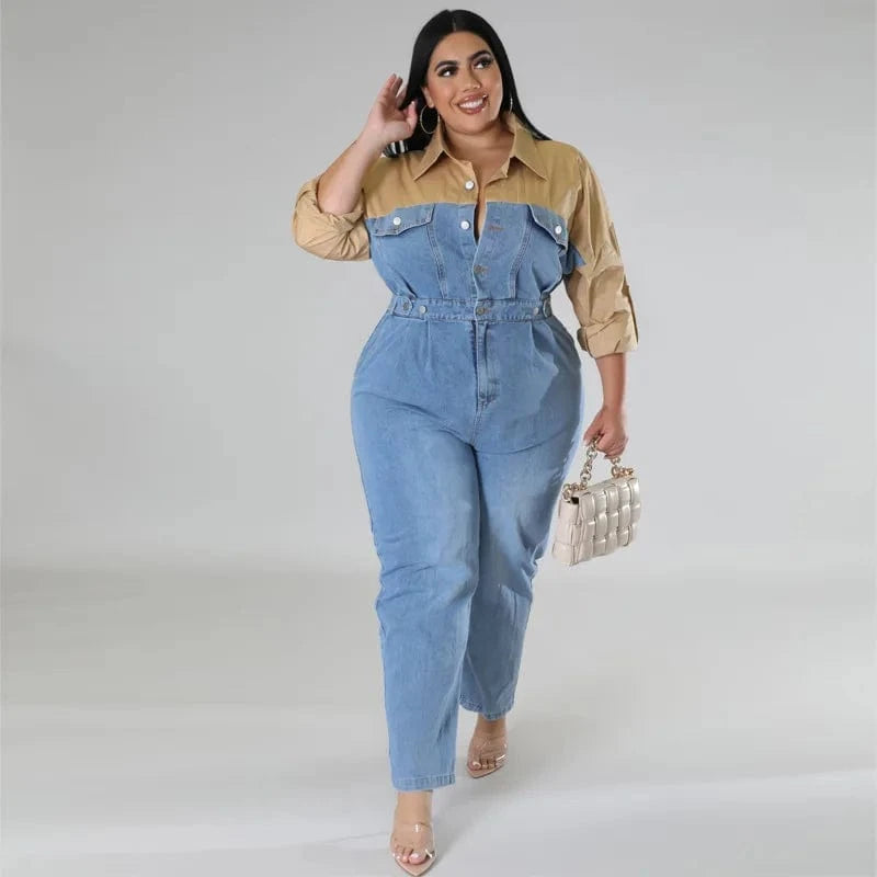 winter fall formal v-neck blue oversized pants workout causal loose plus size denim rompers and jumpsuits for fat women