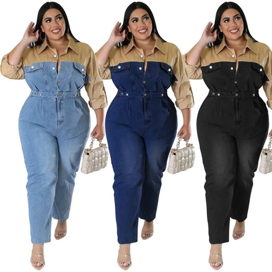 winter fall  formal v-neck blue oversized pants workout causal loose plus size denim rompers and jumpsuits for fat women