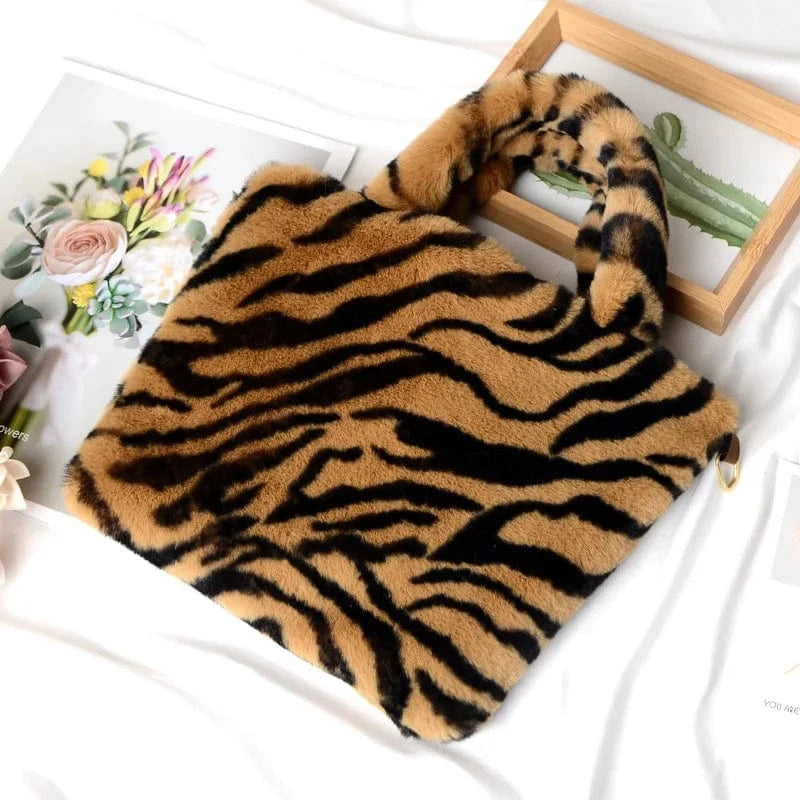 Winter Fashion fur Leopard Print Handbag Designer Women Plush Chain Shoulder Bags