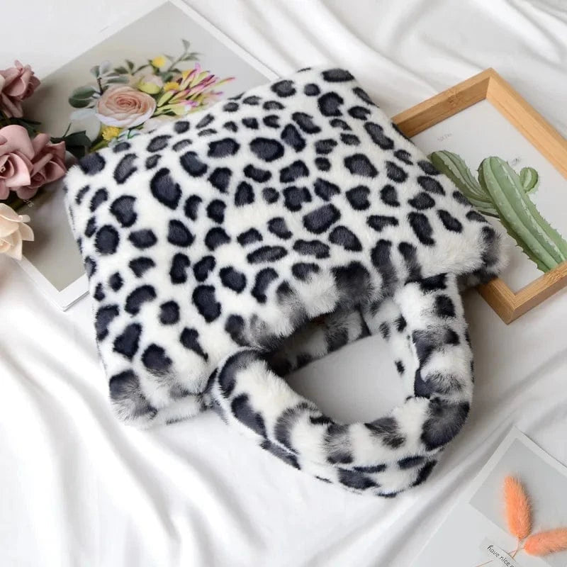 Winter Fashion fur Leopard Print Handbag Designer Women Plush Chain Shoulder Bags