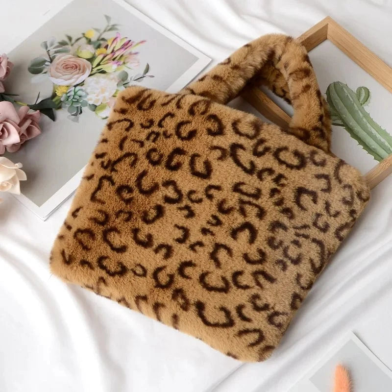Winter Fashion fur Leopard Print Handbag Designer Women Plush Chain Shoulder Bags