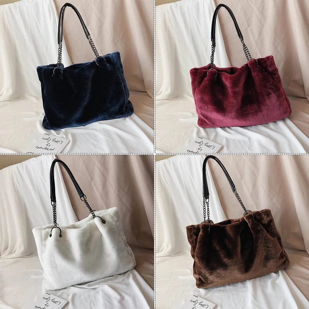 Winter Faux Fur Women Shoulder Bag Plush Fashion Chain Lady Purses Large Capacity Casual Tote Handbag