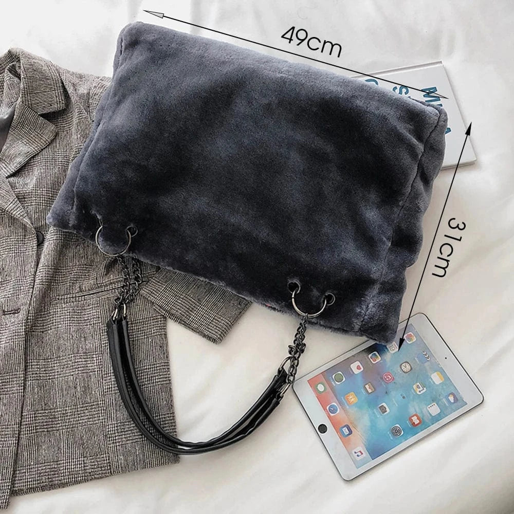 Winter Faux Fur Women Shoulder Bag Plush Fashion Chain Lady Purses Large Capacity Casual Tote Handbag