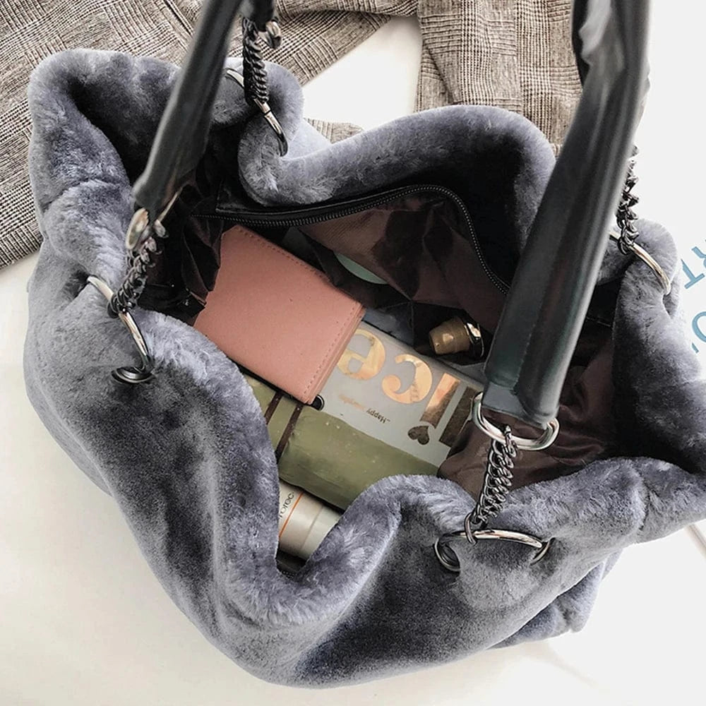 Winter Faux Fur Women Shoulder Bag Plush Fashion Chain Lady Purses Large Capacity Casual Tote Handbag