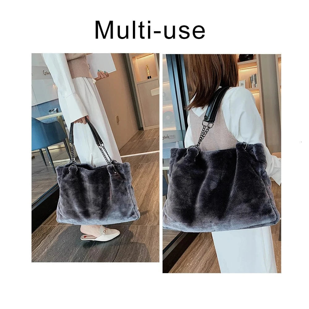 Winter Faux Fur Women Shoulder Bag Plush Fashion Chain Lady Purses Large Capacity Casual Tote Handbag