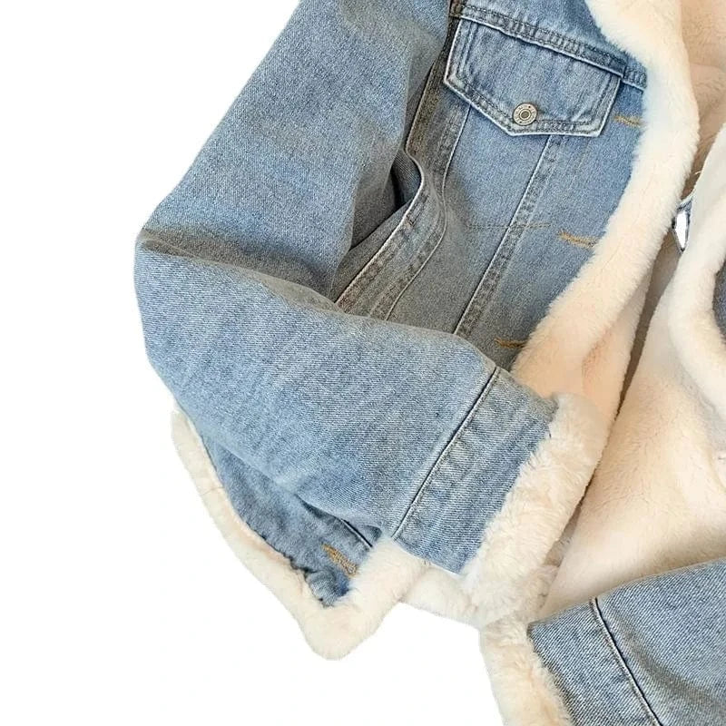 Winter Fleece Thicken Denim Jacket Women Loose Oversized Casual Warm Jeans Coats Wear Fur Collar Long Sleeves Female Clothes