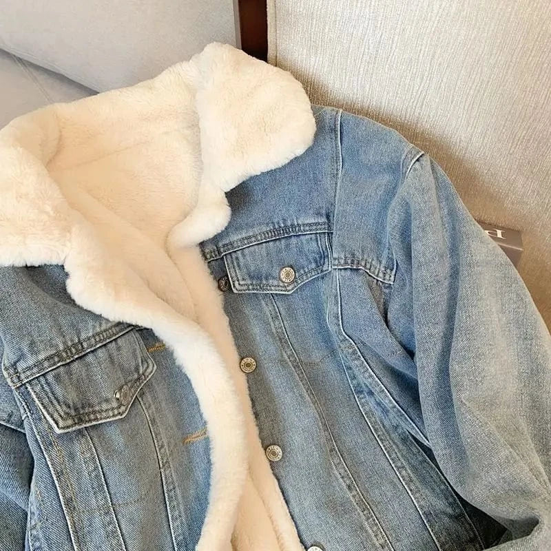 Winter Fleece Thicken Denim Jacket Women Loose Oversized Casual Warm Jeans Coats Wear Fur Collar Long Sleeves Female Clothes