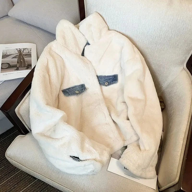 Winter Fleece Thicken Denim Jacket Women Loose Oversized Casual Warm Jeans Coats Wear Fur Collar Long Sleeves Female Clothes