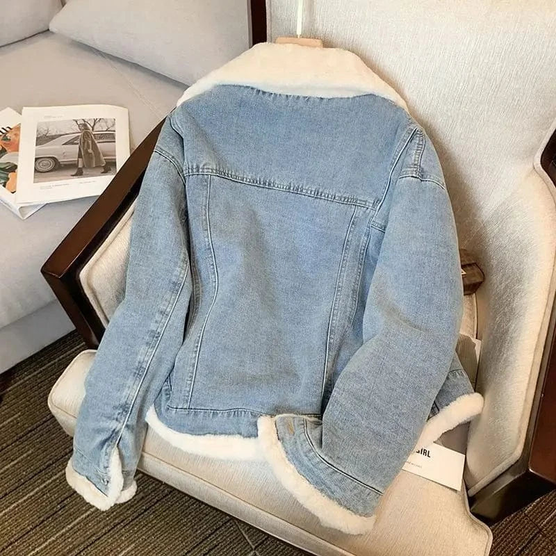Winter Fleece Thicken Denim Jacket Women Loose Oversized Casual Warm Jeans Coats Wear Fur Collar Long Sleeves Female Clothes