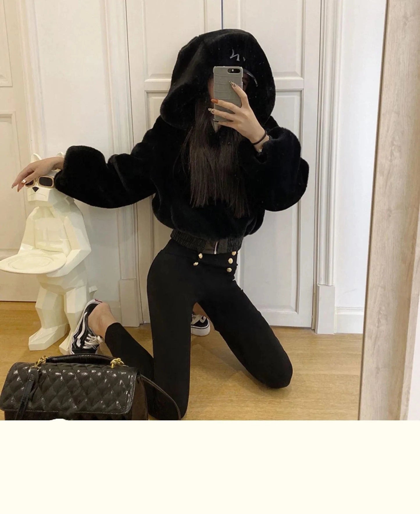 Winter Fur Coat Women Fashion High Street Wear Black and White Hooded Zipper Crop Top Jacket Faux Fur Coat