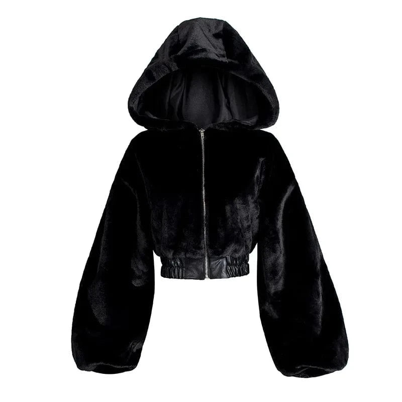 Winter Fur Coat Women Fashion High Street Wear Black and White Hooded Zipper Crop Top Jacket Faux Fur Coat