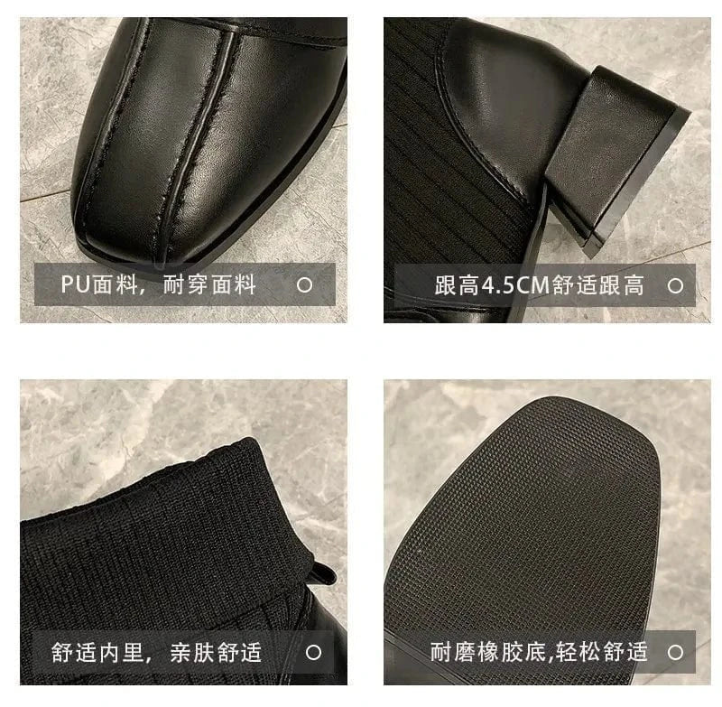 Winter ladies British Wind Women's Middle cylinder short boots chunky heel Thick bottom black platform socks leather ankle shoes