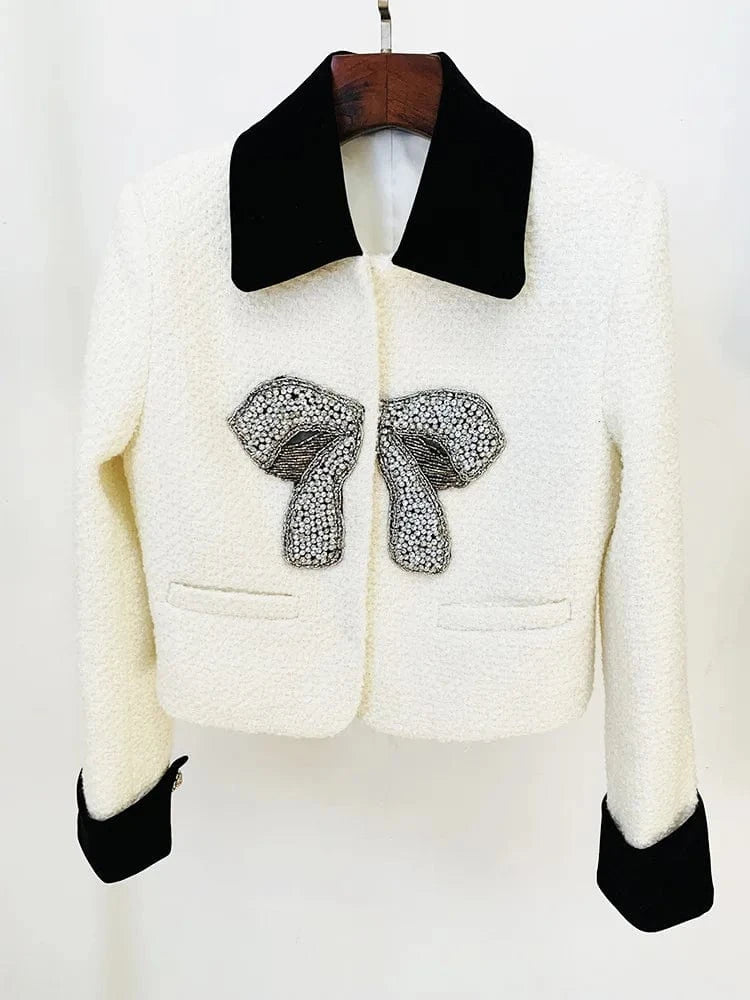 Winter Newest Lady Vintage Trendy Designed Outwear Fine Workmanship Beading Bow Short Jacket Women Coats