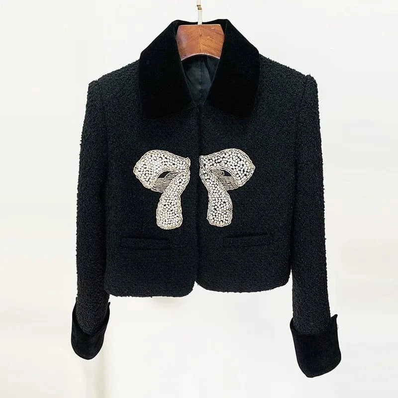 Winter Newest Lady Vintage Trendy Designed Outwear Fine Workmanship Beading Bow Short Jacket Women Coats