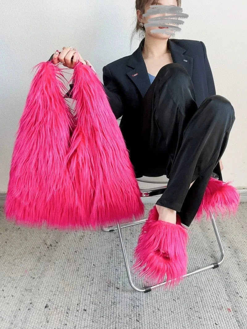 Winter Women Faux Fur Bag Solid Color Long Plush Tote Bag Candy Color Soft Fluffy Shoulder Bag Date Shopping Handbag Sac A Main