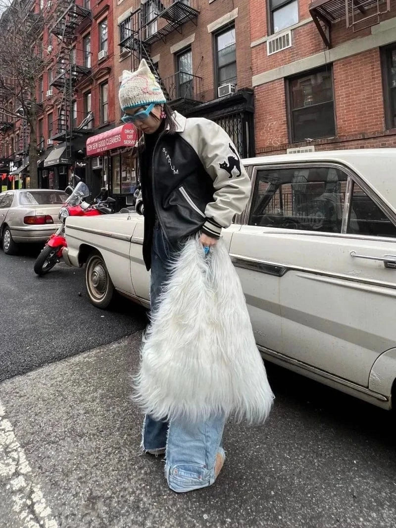 Winter Women Faux Fur Bag Solid Color Long Plush Tote Bag Candy Color Soft Fluffy Shoulder Bag Date Shopping Handbag Sac A Main