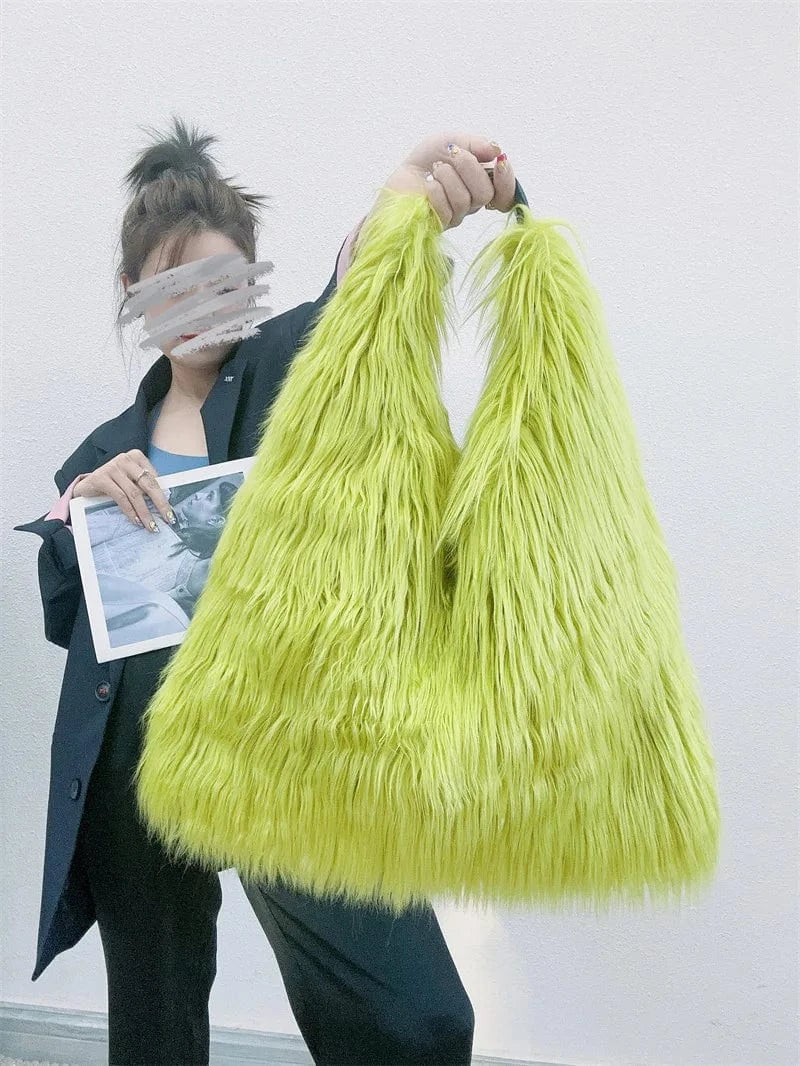 Winter Women Faux Fur Bag Solid Color Long Plush Tote Bag Candy Color Soft Fluffy Shoulder Bag Date Shopping Handbag Sac A Main
