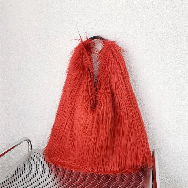 Winter Women Faux Fur Bag Solid Color Long Plush Tote Bag Candy Color Soft Fluffy Shoulder Bag Date Shopping Handbag Sac A Main
