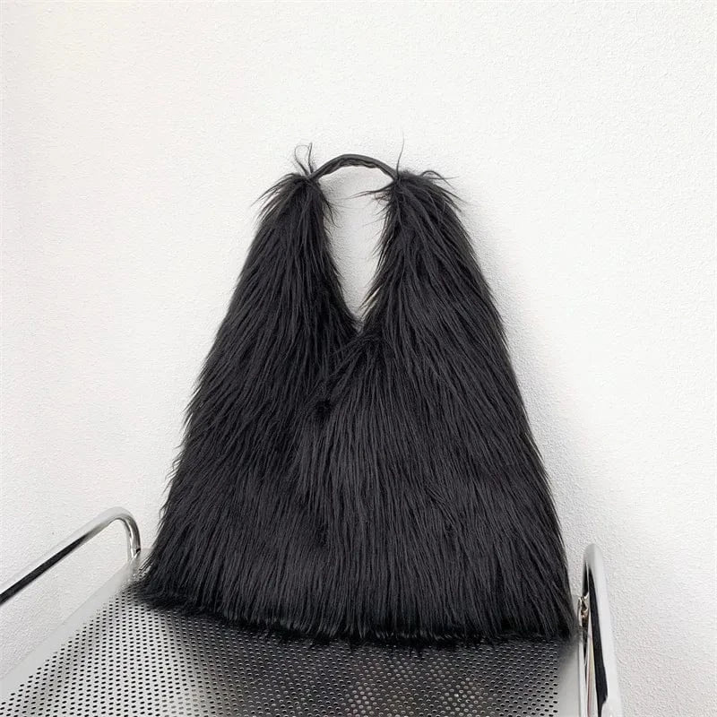 Winter Women Faux Fur Bag Solid Color Long Plush Tote Bag Candy Color Soft Fluffy Shoulder Bag Date Shopping Handbag Sac A Main