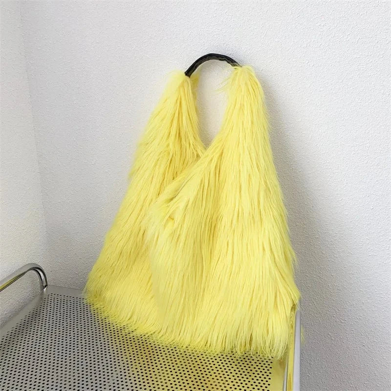 Winter Women Faux Fur Bag Solid Color Long Plush Tote Bag Candy Color Soft Fluffy Shoulder Bag Date Shopping Handbag Sac A Main