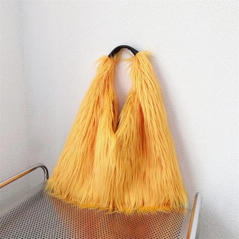 Winter Women Faux Fur Bag Solid Color Long Plush Tote Bag Candy Color Soft Fluffy Shoulder Bag Date Shopping Handbag Sac A Main
