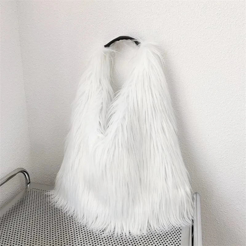 Winter Women Faux Fur Bag Solid Color Long Plush Tote Bag Candy Color Soft Fluffy Shoulder Bag Date Shopping Handbag Sac A Main