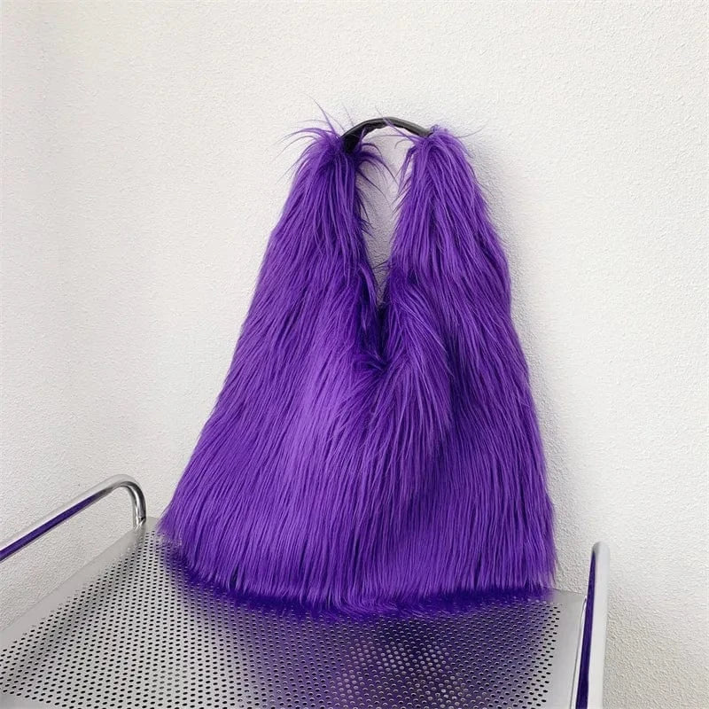 Winter Women Faux Fur Bag Solid Color Long Plush Tote Bag Candy Color Soft Fluffy Shoulder Bag Date Shopping Handbag Sac A Main