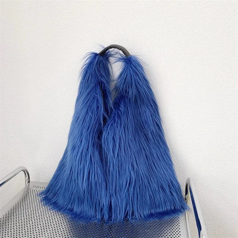 Winter Women Faux Fur Bag Solid Color Long Plush Tote Bag Candy Color Soft Fluffy Shoulder Bag Date Shopping Handbag Sac A Main