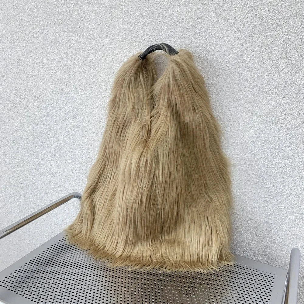 Winter Women Faux Fur Bag Solid Color Long Plush Tote Bag Candy Color Soft Fluffy Shoulder Bag Date Shopping Handbag Sac A Main