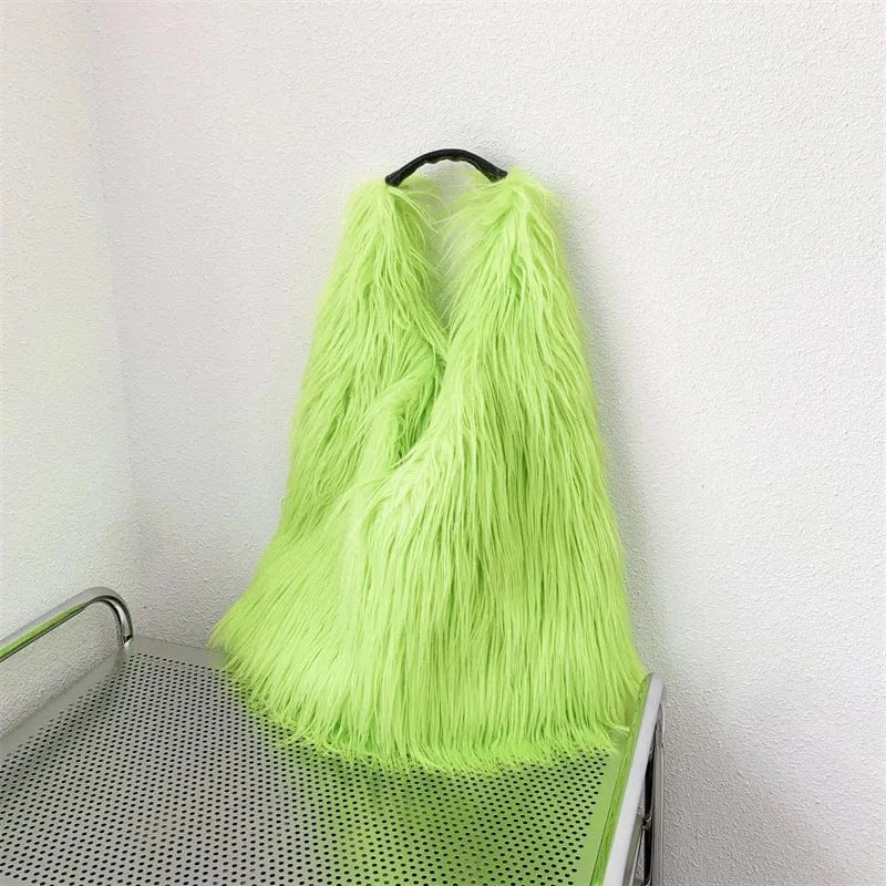 Winter Women Faux Fur Bag Solid Color Long Plush Tote Bag Candy Color Soft Fluffy Shoulder Bag Date Shopping Handbag Sac A Main