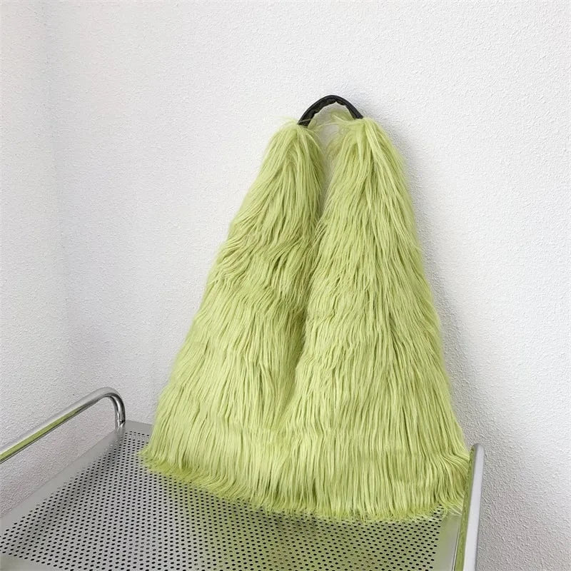 Winter Women Faux Fur Bag Solid Color Long Plush Tote Bag Candy Color Soft Fluffy Shoulder Bag Date Shopping Handbag Sac A Main