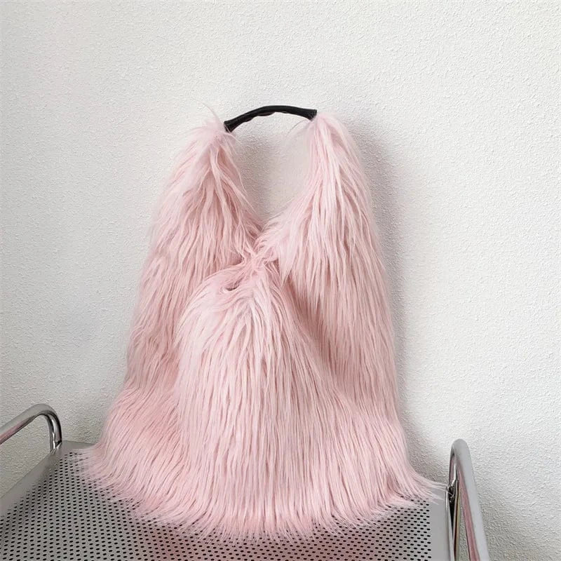 Winter Women Faux Fur Bag Solid Color Long Plush Tote Bag Candy Color Soft Fluffy Shoulder Bag Date Shopping Handbag Sac A Main