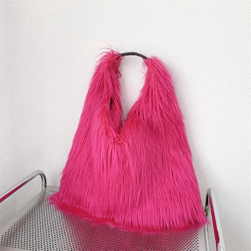 Winter Women Faux Fur Bag Solid Color Long Plush Tote Bag Candy Color Soft Fluffy Shoulder Bag Date Shopping Handbag Sac A Main