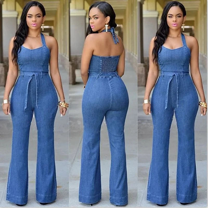 With Belt Ladies Summer Backless Straight Patchwork slim fit ladies 2024 Denim Jeans sleeveless Strapless Jumpsuits for women