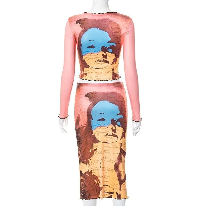 With Stretch Women Clothes Casual Printing 2 Piece Set Long Sleeve Navel Skirt Two Piece Sets for Women Clothing