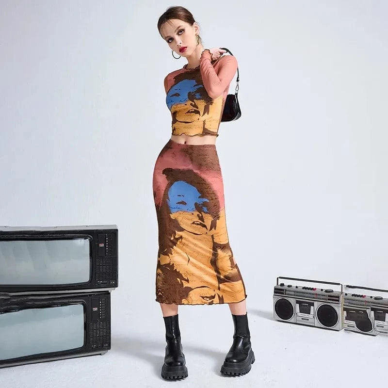 With Stretch Women Clothes Casual Printing 2 Piece Set Long Sleeve Navel Skirt Two Piece Sets for Women Clothing