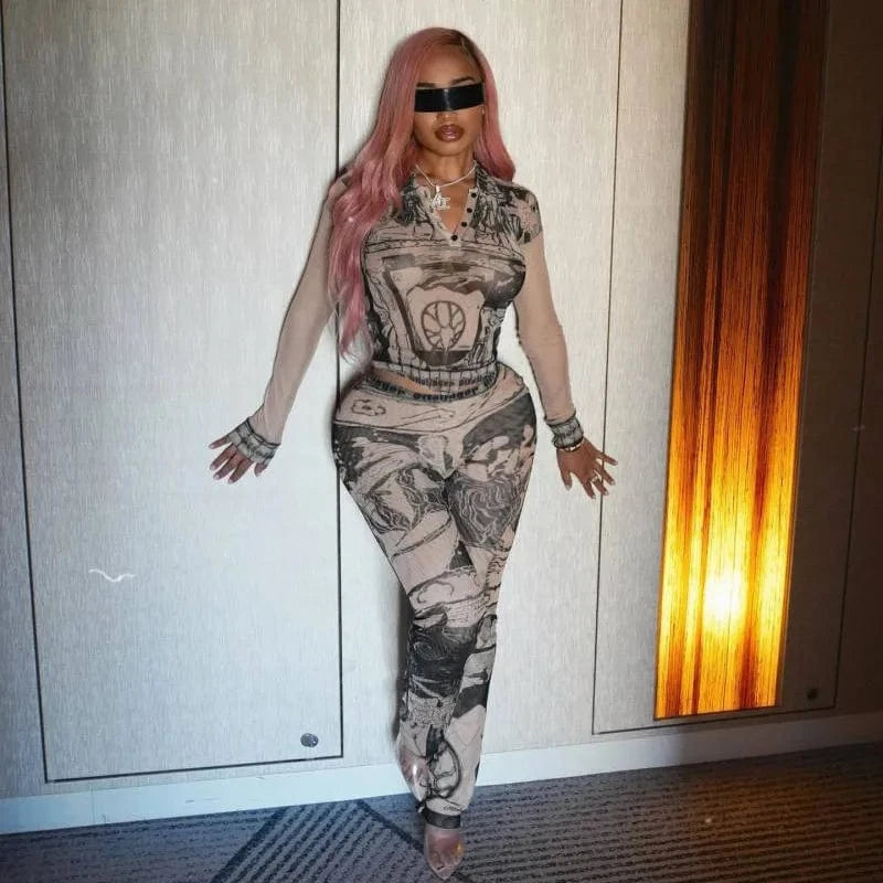 With Stretch Women Set Casual Printing 2 Piece Set Long Sleeve Mesh Fall Two Piece Sets for Women Clothing