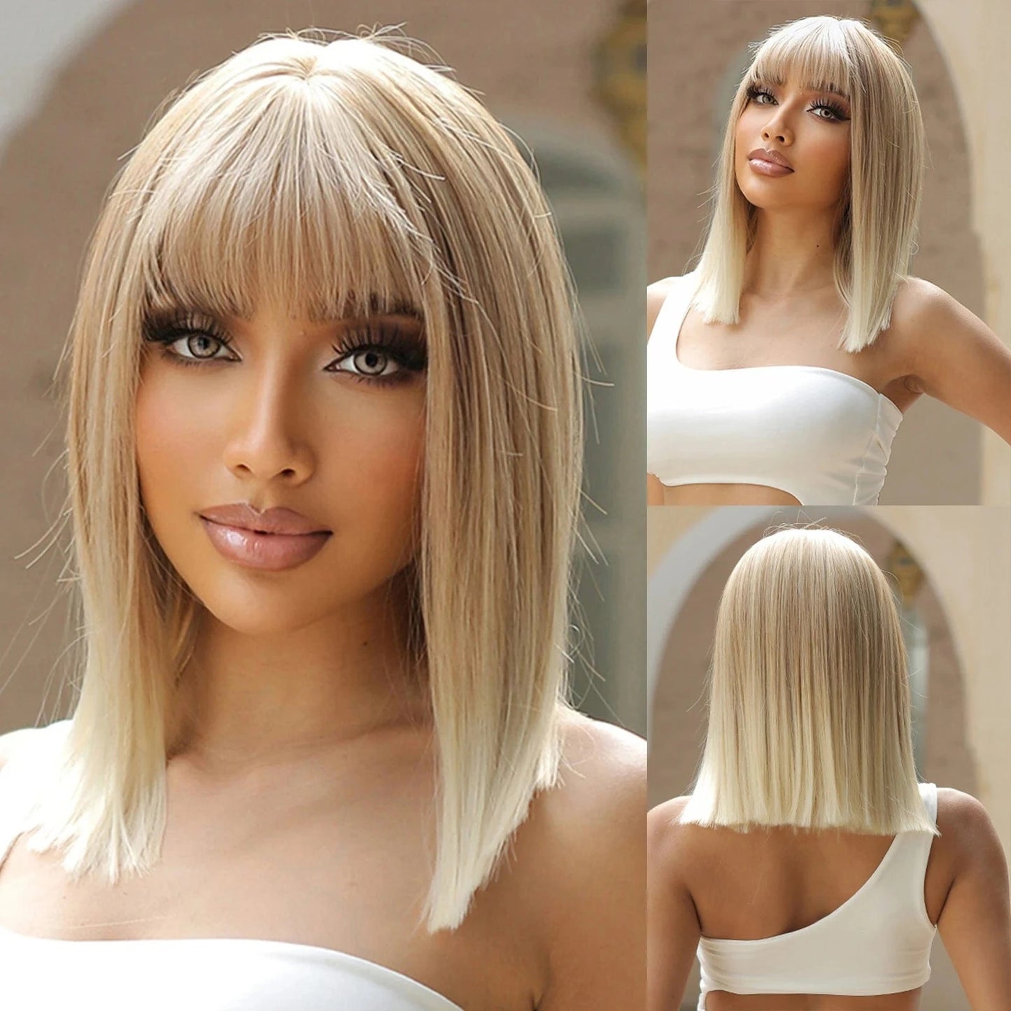 WL1019-1 Factory Outlet Black Brown Bob Synthetic Wigs with Bangs Short Straight Daily Wig for Women Party Lolita Natural Looking Hair