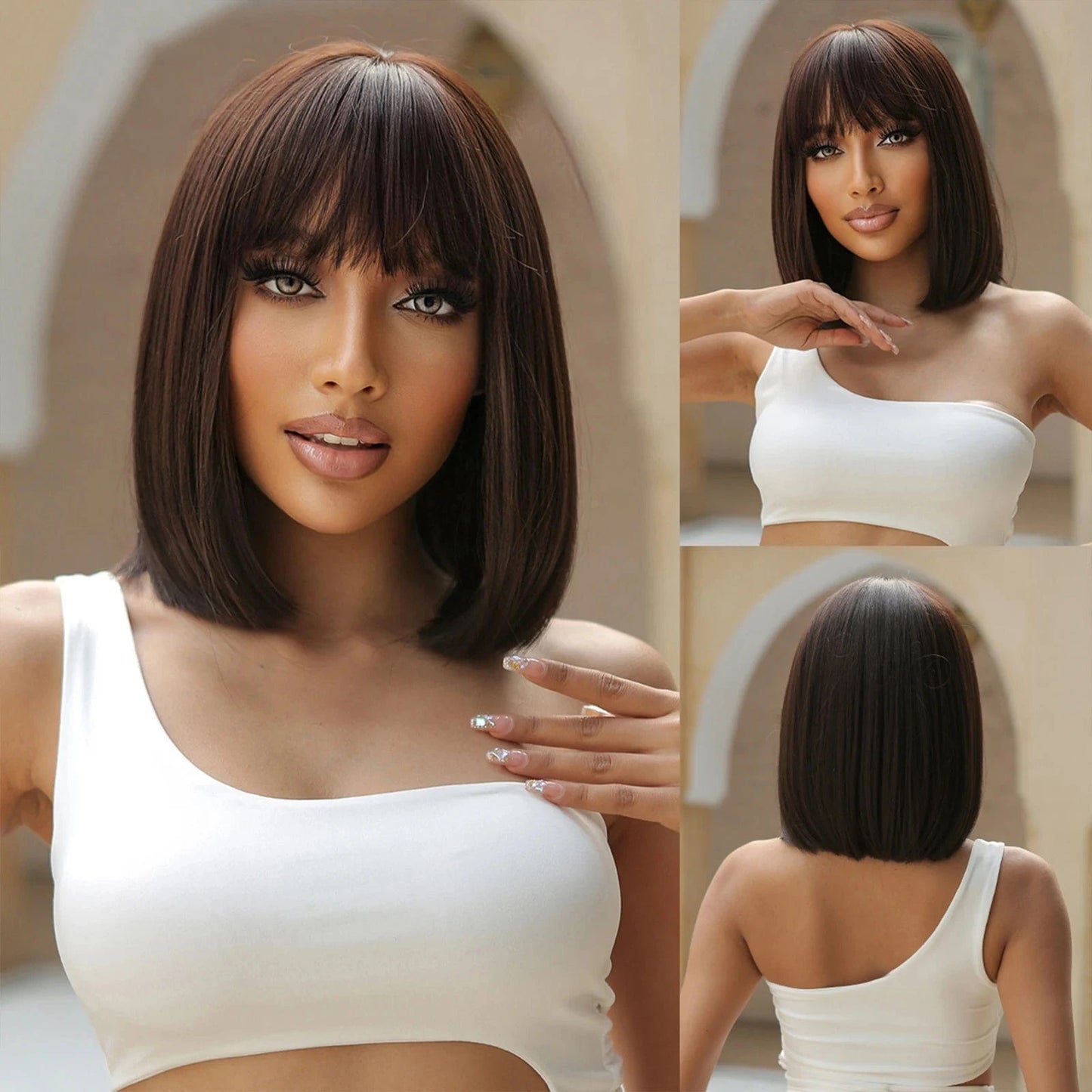 WL1149-1. Factory Outlet Black Brown Bob Synthetic Wigs with Bangs Short Straight Daily Wig for Women Party Lolita Natural Looking Hair