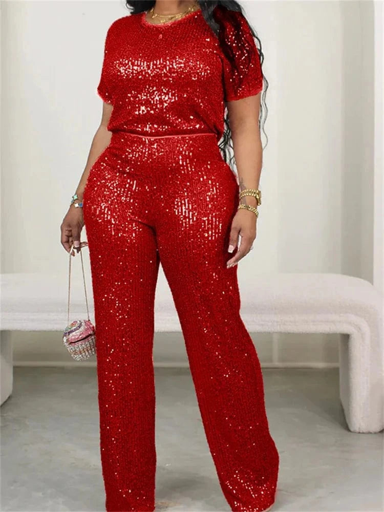 Wmstar Women Two Piece Set Spring Female Casual Shinny Sequin Round Neck Fashion Solid Short Sleeved Tshirt Wide Leg Pants Suit
