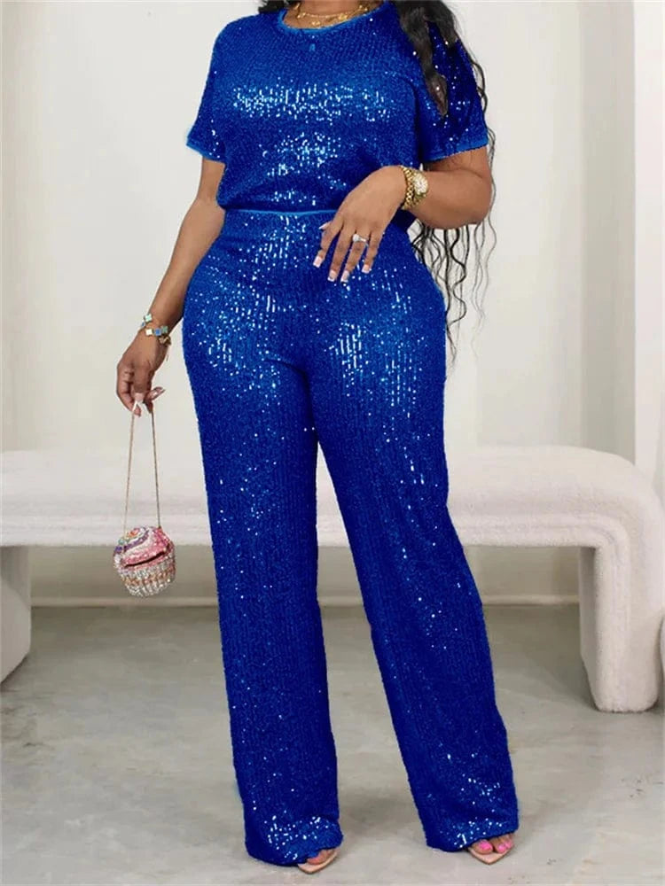 Wmstar Women Two Piece Set Spring Female Casual Shinny Sequin Round Neck Fashion Solid Short Sleeved Tshirt Wide Leg Pants Suit