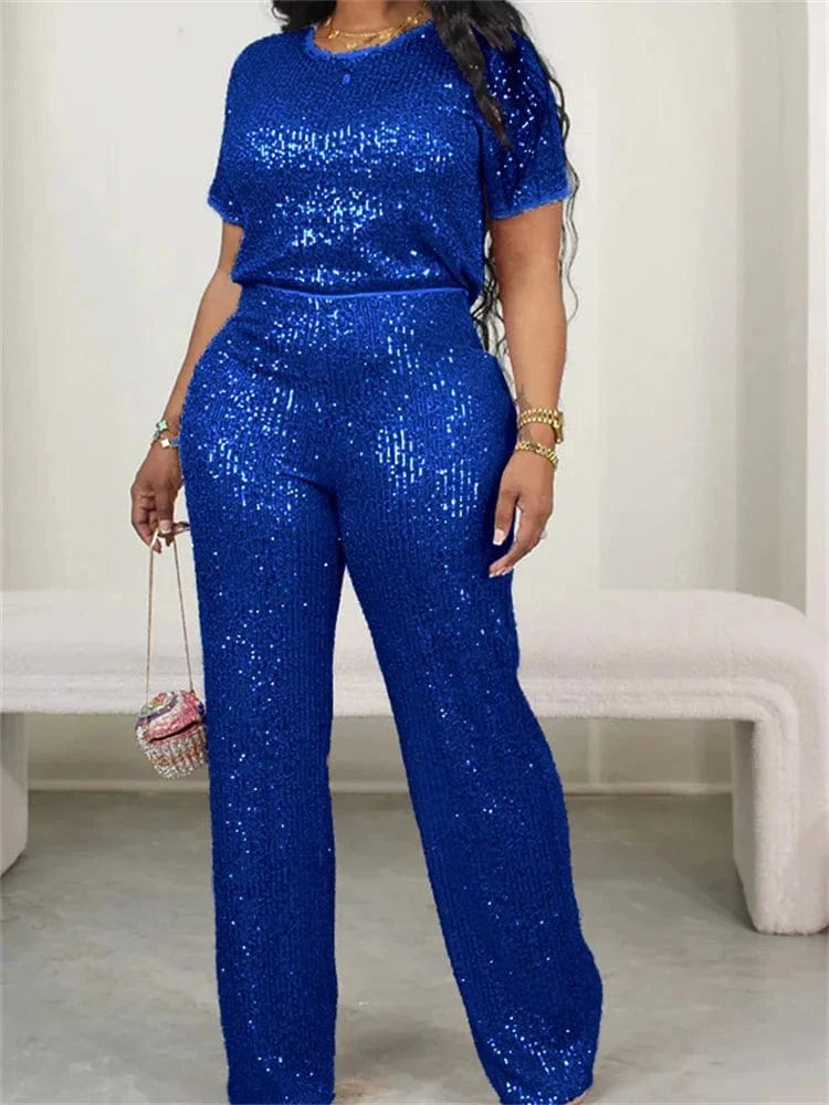 Wmstar Women Two Piece Set Spring Female Casual Shinny Sequin Round Neck Fashion Solid Short Sleeved Tshirt Wide Leg Pants Suit